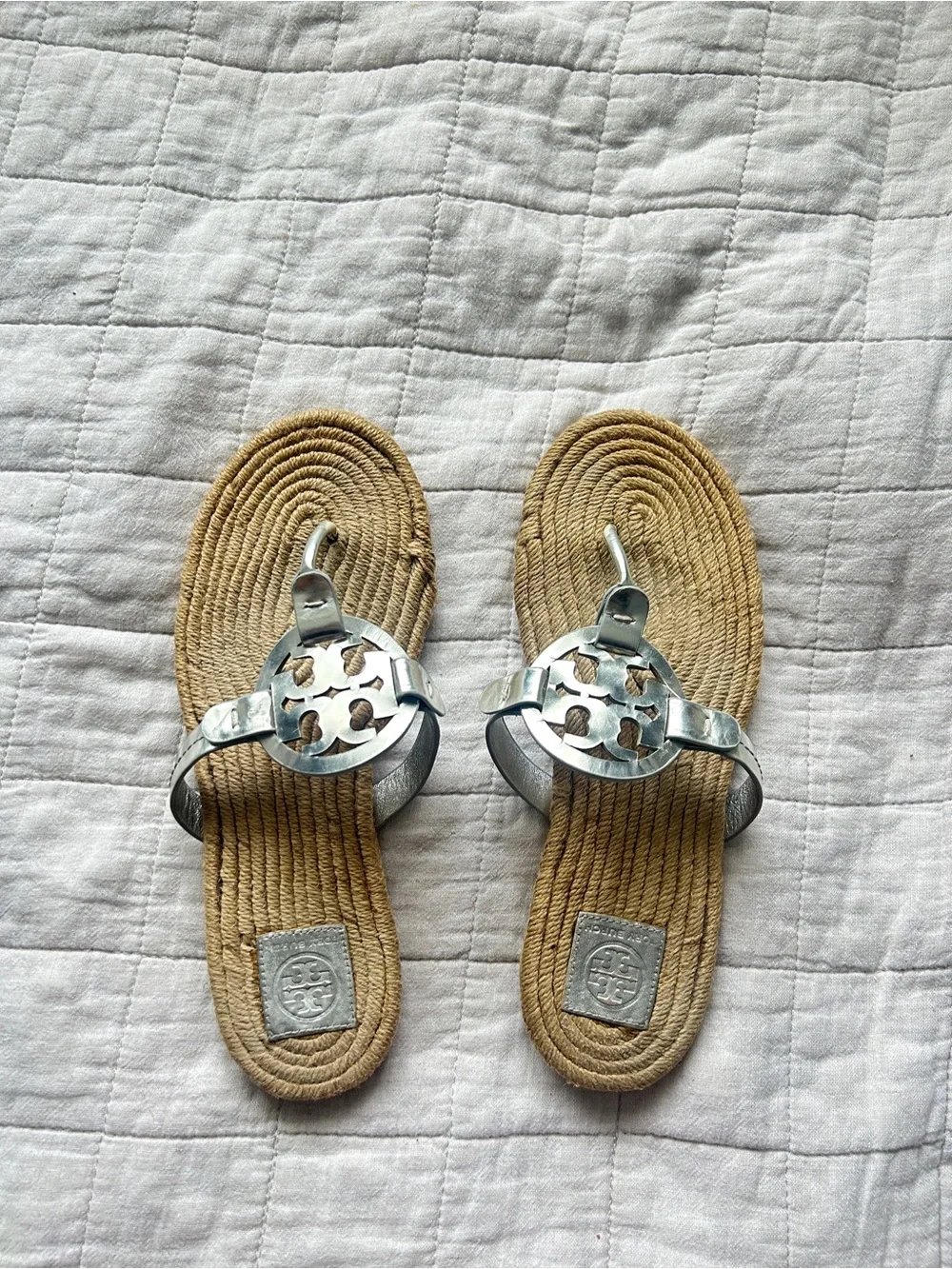 Tory Burch Silver Logo Rope-Style Thong Sandals